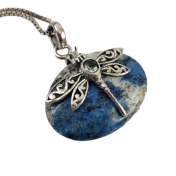 Sterling Silver Jewelry - Blue azurite dragonfly pendant necklace + 925 sterling silver chain